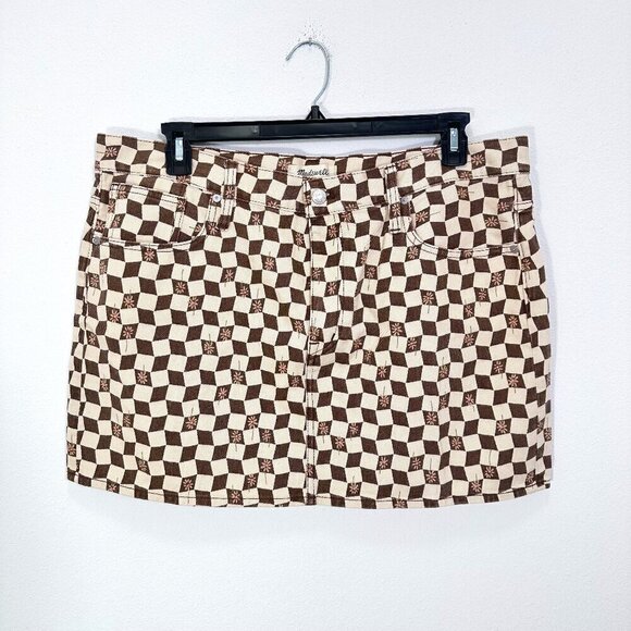 Madewell Brown Cream Daisy Checkered Print Denim Mini Skirt Size 32 NWT - Picture 1 of 5